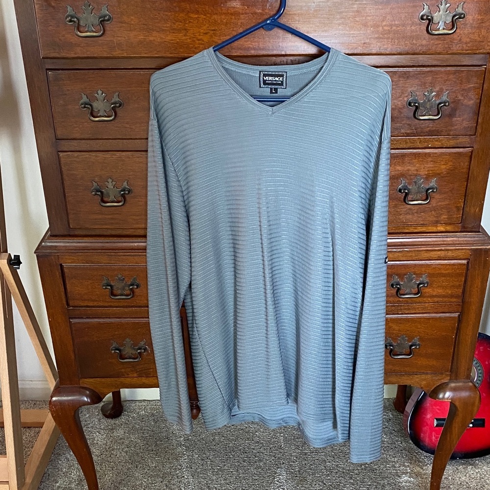 Versace Slate 💯 percent cotton ribbed long sleeve light weight Gray V-Neck Top